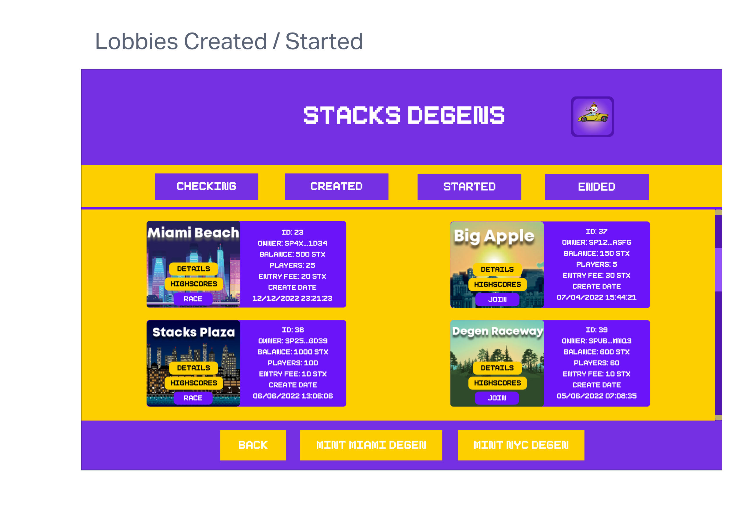 lobbies created & started with join & race options